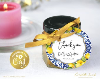 Mediterranean lemon favor tag template, tuscan editable thank you label, positano printable wedding gift tag, azuleros corjl template