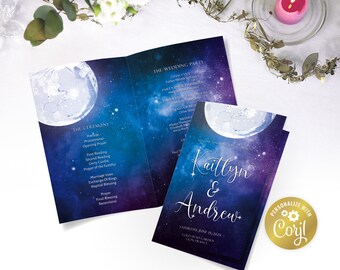 Moon wedding folded program template, night sky editable ceremony program, celestial wedding, galaxy printable, corjl template