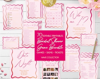 Bridal shower editable games bundle, 70 wavy printable games, pink and orange, retro wave edge activities, squiggly frame, Corjl template