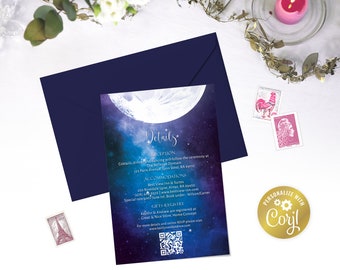Moon wedding details editable card, night sky wedding insert template, celestial printable wedding, galaxy digital enclosure, corjl template