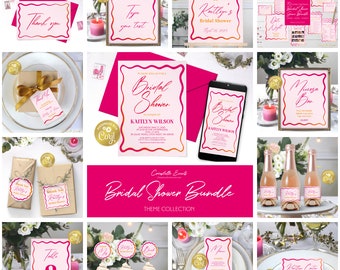 Wavy bridal shower template bundle, pink and orange invitation suite, game pack, retro wave edge printable stationery, corjl template
