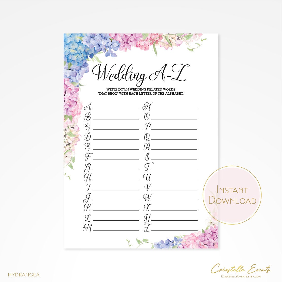 Wedding A to Z game Bridal Alphabet Game Wedding ABC pink | Etsy