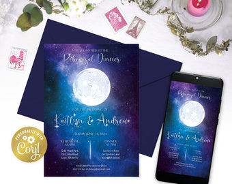 Moon, editable night sky rehearsal dinner digital invitation, celestial printable wedding, galaxy  evite, corjl template