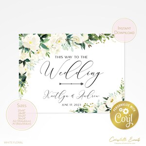 White floral This Way To The Wedding sign template, watercolor roses direction editable sign, flowers and greenery printable, Corjl template image 2