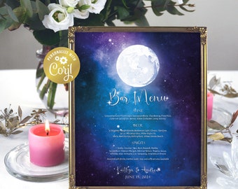 Moon Bar menu wedding sign template,night sky editable printable, celestial wedding, galaxy printable drink sign, corjl template