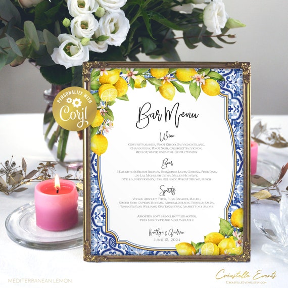 Mediterranean Lemon Bar Menu Wedding Sign Template Tuscan Etsy