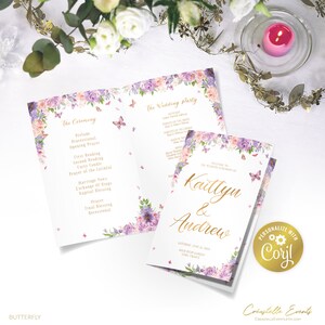 Butterfly wedding folded program template, gold and lavender editable ceremony program, purple floral printable, corjl template