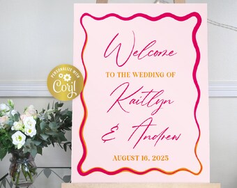 Wavy wedding welcome sign template, pink and orange portrait editable sign, retro wave edge wedding printable, squiggly frame Corjl template