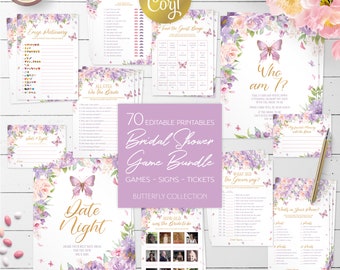 Bridal shower editable games bundle, 70 butterfly printable games, blush pink, gold and lavender floral activities, Corjl template