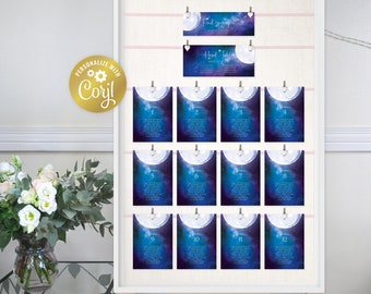 Moon seating chart template, night sky portrait seating plan sign, celestial wedding, galaxy printable editable table plan, corjl template