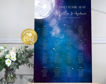 Moon seating chart template, night sky portrait seating plan sign, editable table plan, celestial wedding, galaxy printable, corjl template