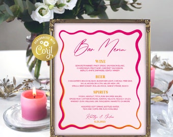 Wavy Bar menu wedding sign template, pink and orange editable printable, retro wave edge drink sign, squiggly frame, corjl template