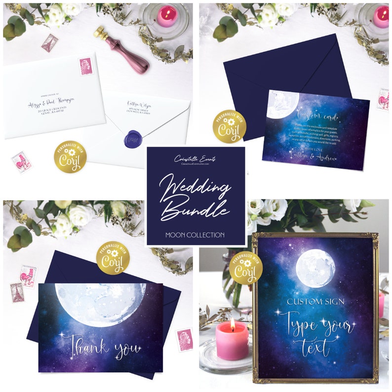 Moon wedding template bundle, night sky large wedding invitation suite, celestial wedding, galaxy printable stationery, corjl template immagine 3