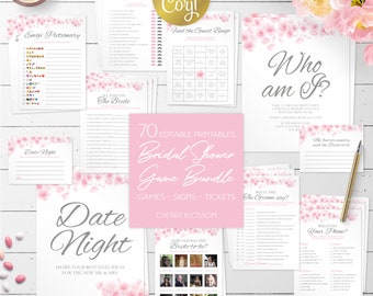 Bridal shower editable games bundle, 70 cherry blossom printable games, pink sakura, floral activities, Corjl template