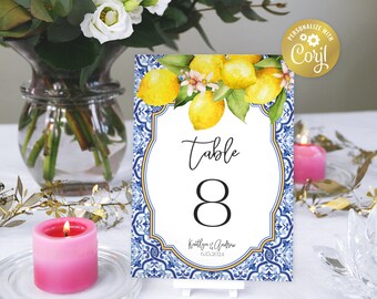 Mediterranean lemon table number card template, seating card, tuscan printable, positano wedding card, 2 sizes inlcuded, instant download