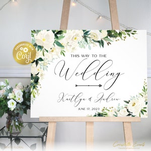 White floral This Way To The Wedding sign template, watercolor roses direction editable sign, flowers and greenery printable, Corjl template image 1