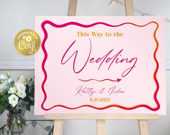 Wavy This Way To The Wedding sign template, pink and orange direction editable sign, retro wave edge printable, Corjl template