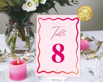 Wavy table number card template, seating card, pink and orange printable, retro wave edge wedding card, 2 sizes inlcuded, instant download