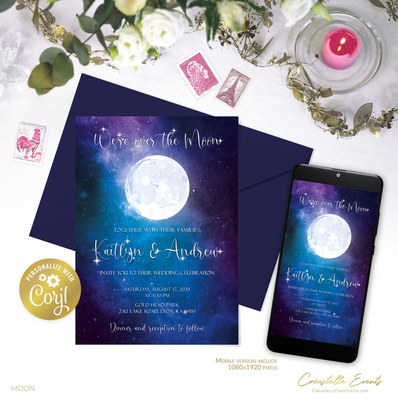 Moon editable night sky wedding digital invitation stars printable celestial wedding galaxy printable evite corjl template