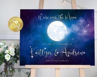 Moon wedding sign template, night sky landscape editable sign, over the moon printable, celestial wedding, digital galaxy, Corjl template