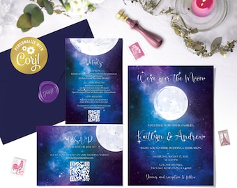 Moon wedding editable digital invitation suite, night sky printable evite, celestial, galaxy details, RSVP, corjl templates
