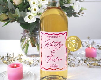 Wavy wine label template, editable wedding bottle tag, digital pink and orange printable, retro wave edge wedding, corjl template
