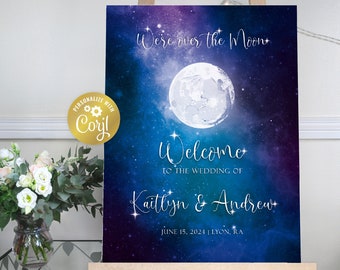 Moon wedding welcome sign template, night sky portrait editable sign, over the moon printable, celestial wedding, galaxy, Corjl template