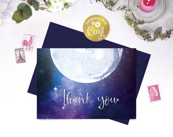 Moon thank you card, printable folded card, night sky wedding template, celestial wedding, galaxy printable, digital card, Corjl template