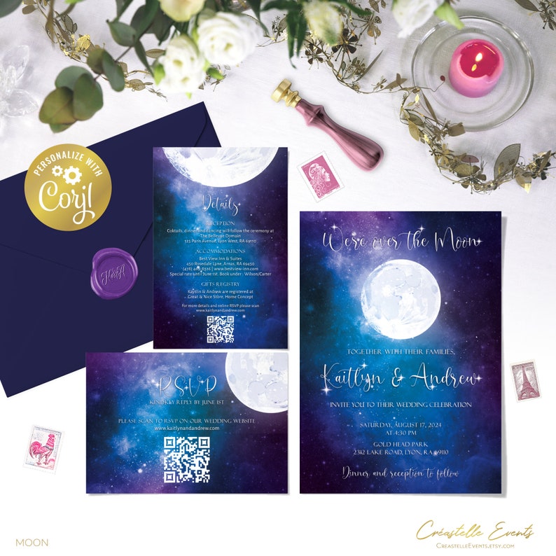 Moon wedding template bundle, night sky large wedding invitation suite, celestial wedding, galaxy printable stationery, corjl template immagine 2