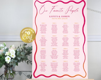 Wavy seating chart template, pink and orange portrait seating plan sign, retro wave edge editable table plan, printable, corjl template