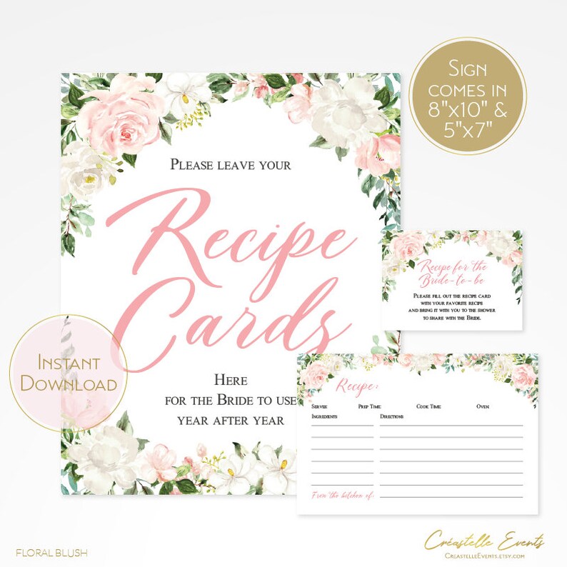Blush Pink Floral Recipe Cards Inserts and Sign Watercolor - Etsy