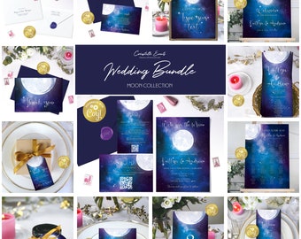 Moon wedding template bundle, night sky large wedding invitation suite, celestial wedding, galaxy printable stationery, corjl template