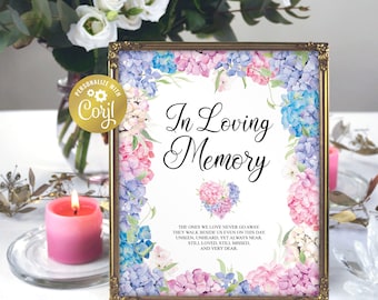 Hydrangea In loving memory sign, wedding template, pink and blue memorial sign, purple floral memorial printable, corjl template