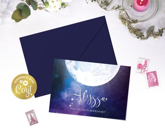 Moon bridesmaid proposal card, will you be my bridesmaid night sky card template, celestial wedding, galaxy printable, Corjl template