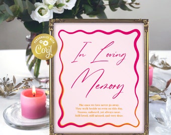 Wavy In loving memory sign, wedding template, pink and orange memorial sign, retro wave edge memorial printable, squiggly corjl template