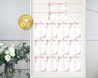 Butterfly seating chart template, gold and lavender seating plan, editable find your seat, purple floral printable, corjl template