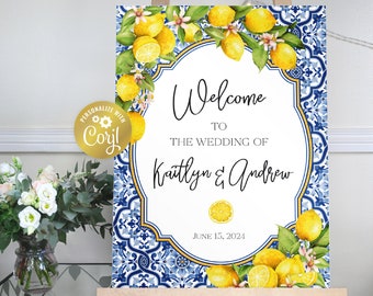 Mediterranean lemon wedding welcome sign template, tuscan portrait editable sign, azulejos blue tile wedding printable, Corjl template