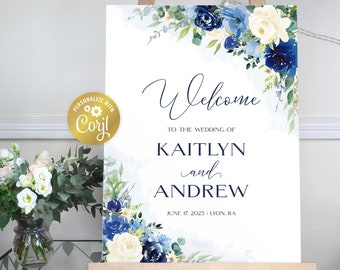 Blue floral wedding welcome sign template, navy and cream portrait editable sign, watercolor greenery wedding printable, Corjl template