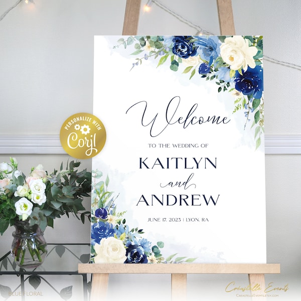 Blue floral wedding welcome sign template, navy and cream portrait editable sign, watercolor greenery wedding printable, Corjl template