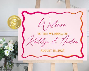 Wavy wedding welcome sign template, pink & orange landscape editable sign, retro wave edge wedding printable, squiggly frame Corjl template