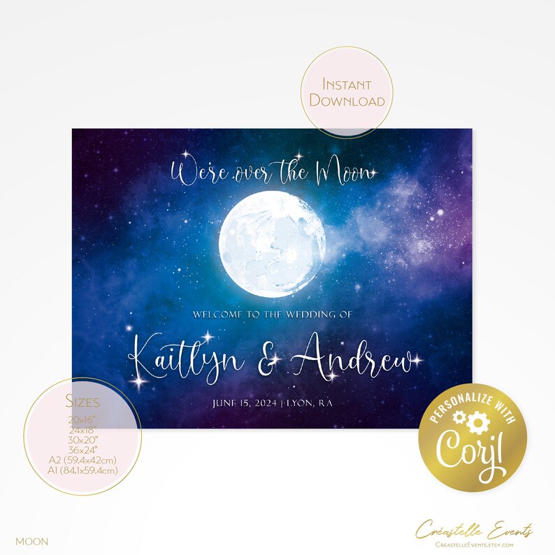 Moon Wedding Sign Template, Night Sky Landscape Editable Sign, Over the ...