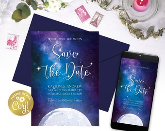 Moon save the date digital card template, night sky  editable printable, celestial wedding, galaxy wedding announcement, corjl template