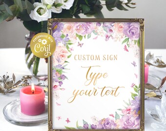 Modello di cartello personalizzato farfalla, oro e lavanda modificabile stampabile, cartelli nuziali illimitati, floreale viola, modello corjl