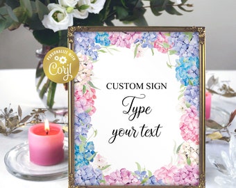 Hydrangea custom sign template, pink and blue editable printable, unlimited wedding signs, purple floral, corjl template