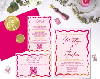 Wavy wedding editable digital invitation suite, pink and orange printable evite, retro wave edge details, squiggly RSVP, corjl templates