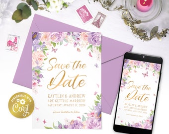 Farfalla salva la data carta digitale, carta modificabile oro e lavanda, annuncio di matrimonio stampabile floreale viola, modello corjl