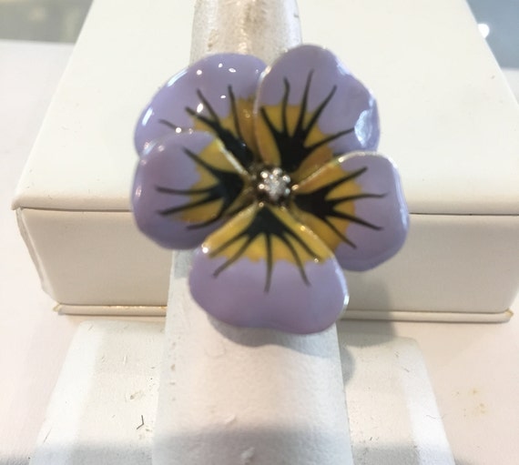 Enameled 14k Pansy Flower ring