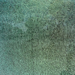 May include: Abstract textured artwork with a gradient of teal and green hues. The surface has a detailed, organic pattern resembling overlapping leaves or crystalline formations, creating a sense of depth and visual interest. The artwork has a matte finish.