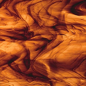 May include: A sheet of dichroic glass with a swirling pattern of brown and orange colors.