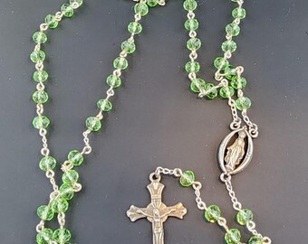 Green Faceted Glass & Silvertone Rosary